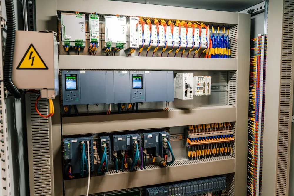 Industrial control cabinet with controllers, drives and organized wiring